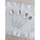 4 Cucharas De Postre Antiguas, Metal Blanco, Selladas, 19cm