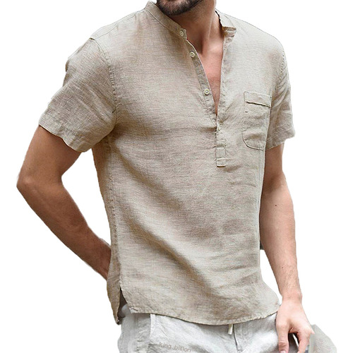 Camisa Cuello Mao Hombre Manga Corta Lino Algodón Casual 