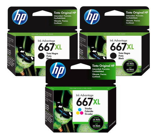 Kit 3 Cartuchos Hp 667xl 2 Pretos + 1 Color 2376 2776 6476