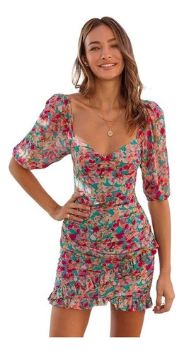 Vestido Floral Rosa Con Cuello En V Corto De Sexy Para Mujer