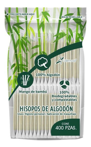 400 Hisopos Algodón Con Mango De Bambú