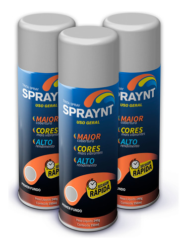 Tinta Spray Primer Fundo 3 Und 350ml Uso Geral E Automotivo