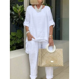 Conjunto Feminino Branco Pantalona Blusa Plus Size Linho 72q