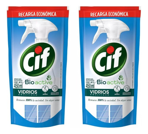 Limpiador De Vidrios Cif Bioactive Repuesto 900ml Pack X2u