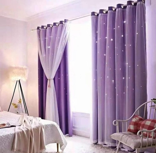 Cortinas + Visillos Con Destellos Estrellas Huecas 2 Paños 