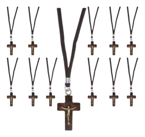 Kit 12 Colar Crucifixo Madeira Imbuia Cordão Marrom
