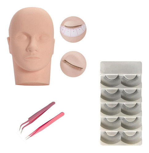 Kit Cabeça Treino + 2 Pinças + 5 Pares Cílios Along Extensão