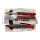 Kit Churrasco 6 Peças Tábua Travessa Faca Utensílios Inox