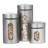 Kit 3 Potes De Inox E Vidro Com Tampa Mantimentos Rosca