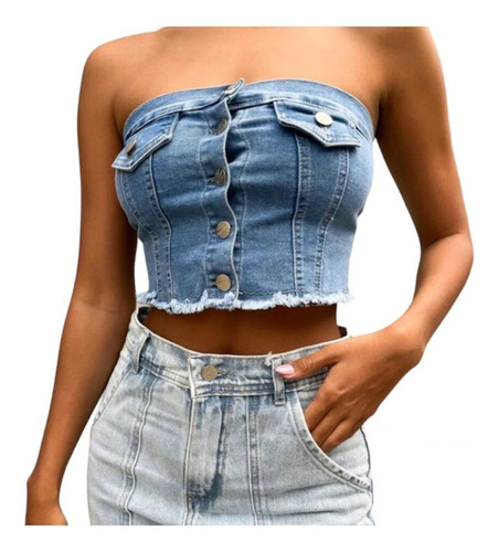 Top Corset Jean Nevado Elastizado Botones Mujer Ldv 