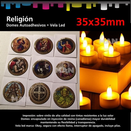 Vela Led + Autoadhesivo Resinado Religioso 35mm - Promo