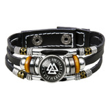 Pulsera Vikinga Valknut Brujula Runa Acero Cuero Cara Glass Largo 18 Cm