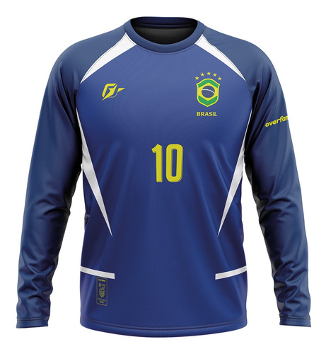 Camiseta Manga Longa Filtro Uv Brasil Copa Azul Retrô Penta