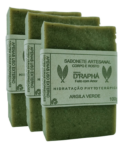 Kit 3 Sabonetes Argila Verde 100%vegetal Artesanato 100g