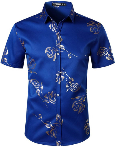 Camisa De Vestir Botones Y Estampado De Rosa Azul