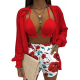 Conjunto De 3 Piezas De Camisa Y Pantalón Hawaiano For Dama