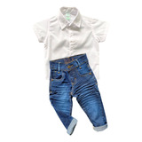 Camisa Social Curta E Calça Jeans Infantil Masculina Sport