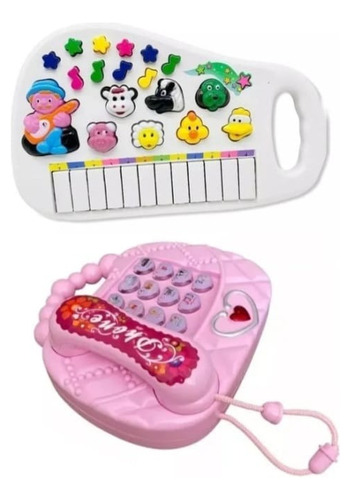 Kit Piano Animal Teclado Infantil + Telefone Rosa Menina