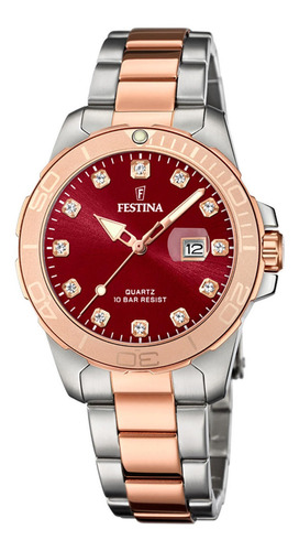 Reloj Pulsera Festina F20505 De Cuerpo Color Plateado, Analógico, Para Mujer, Fondo Bordó, Con Correa De Acero Inoxidable Color Plateado Y Rosa, Agujas Color Blanco Y Rosa, Dial Rosa Y Plateado, Minut