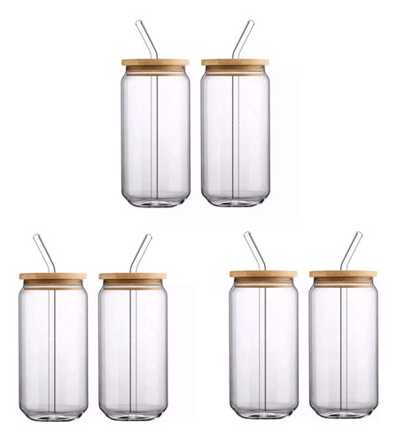 [juego De 6 Piezas] Vasos De Vidrio Con Tapas De Bambú Y Paj