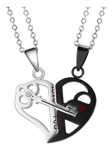 Collar Corazón Partido Llave Y Candado Negro Novios Pareja