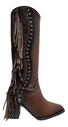 Bota Alta Casual Formal Mujer Cuadra Piel Barbas Café