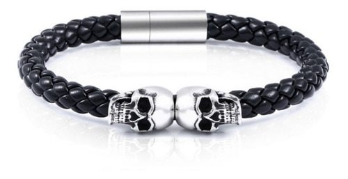 Pulseira Masculina Caveiras Gêmeas De Couro Prata Fecho Ímã