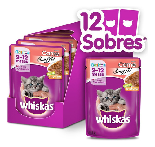 Whiskas Alimento Húmedo Sobrecito Gatitos Carne Soufflé 12un