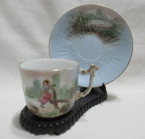 Pocillo Plato Porcelana Limoges France Pintad A Mano Soporte