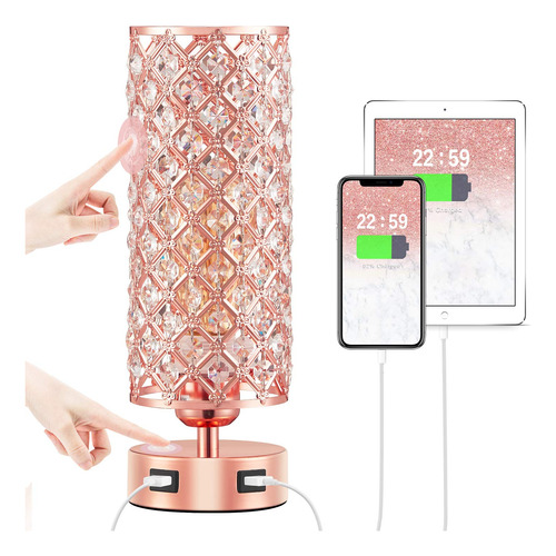 Lmpara De Mesa De Cristal Oro Rosa Con Puertos Usb