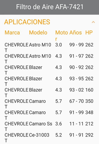 Filtro De Aire Chevrolet Blazer Camaro 7421  Foto 7