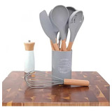 Kit C/12 Utensílios De Cozinha Silicone Cabo Madeira Cor Cinza Claro