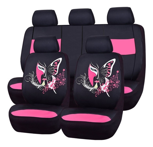 Funda Cubre Asiento Negro-rosa Mariposa 9pcs Auto 