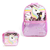 Combo Mochila Espalda 18 Pulgadas Con Lunchera De Unicornio Color Rosa Chicle Diseño De La Tela Rayado