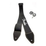 Correia Couro Preta 5cm P/ Guitarra Fender + Par Strap Lock