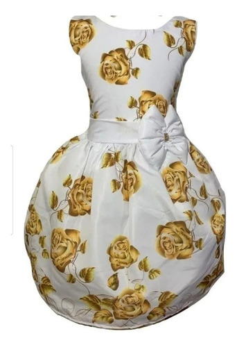 Vestido Infantil De Luxo Rosas Douradas Reveillon Branco