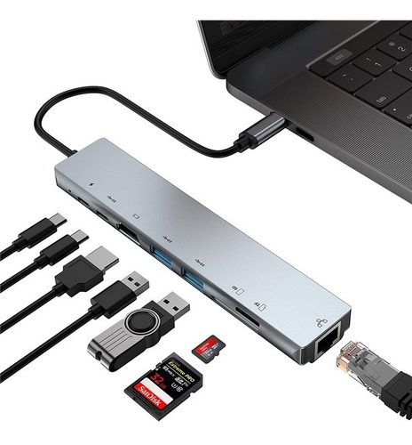 Adaptador Hub 8 En 1 Con Usb3.0*2 Sd Tf Hdmi Rj45 Type-c