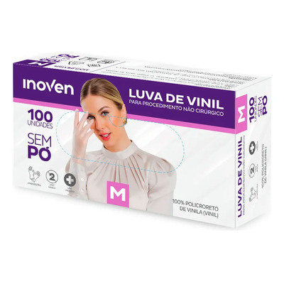 Luvas Descartáveis de Vinil Sem Pó Inoven M, Pack com 100 | Frete grátis