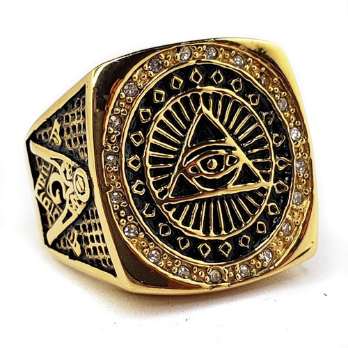 Anillo Illuminati Oro Y Pirámide Mason Acero Inoxidable