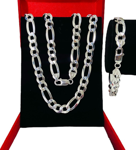 Conjunto Corrente 9mm 70cm Prata 925 Pulseira 3x1 Grossa Top