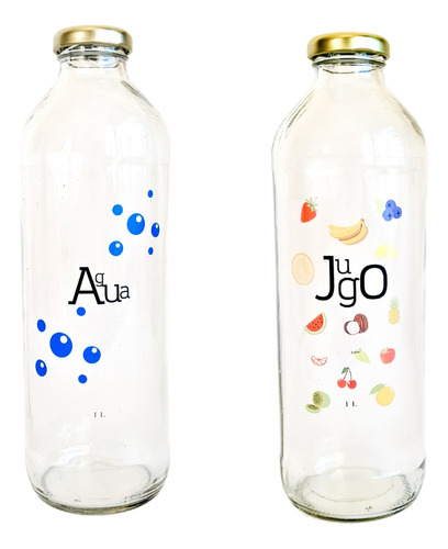 Botella De Vidrio Transparente Decorada Jugo Agua 1 L X 2u