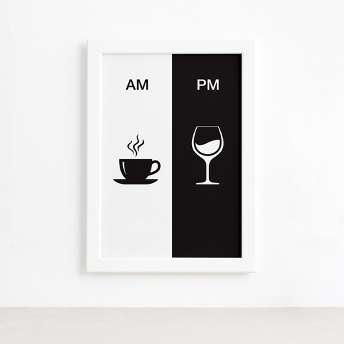 Quadro Vinho E Café Am/pm Minimalista Moldura Branca 33x43cm