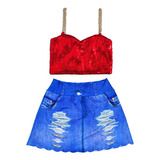 Conjunto Infantil Cropped Paetê+ Saia Jeans Imita Shorts