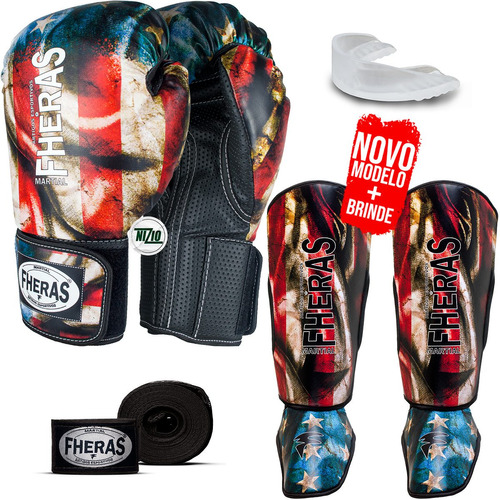 Kit Muay Thai Luva Bandagem Caneleira Bucal Eua Pro 12oz