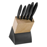 Juego Set Taco Madera 4 Cuchillos Y Tenedor Trinchante Tramontina Acero Inox Color Negro