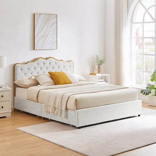 Cama Iululu Queen Con 4 Cajones, Cabecera De Lino, 