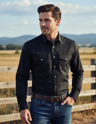 Camisa Vaquera Negra Lisa Rancho Cero Uno Algodón Hombre