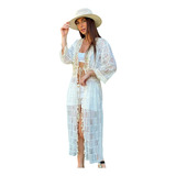 Kimono Importado Largo Blanco Encaje Bordado Crochet 