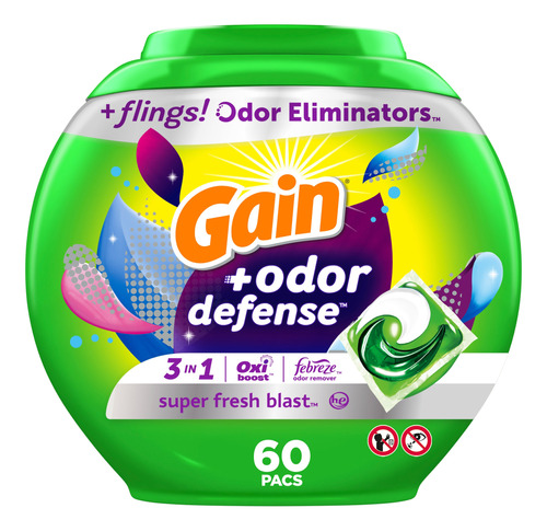 Detergente Gain +contraolores Capsulas, 3 En 1  60 Pacs