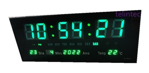 Relogio Digital Led Parede 36cm Verde Alarme Calendario Hora